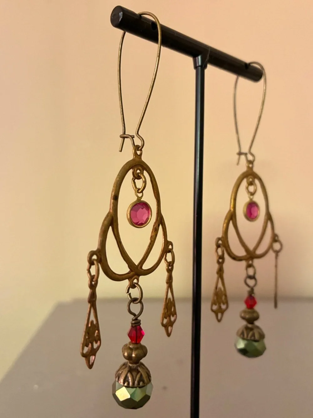 Art Nouveau Style Antique Gold Dangle Earrings Artisan - Picture 2 of 3